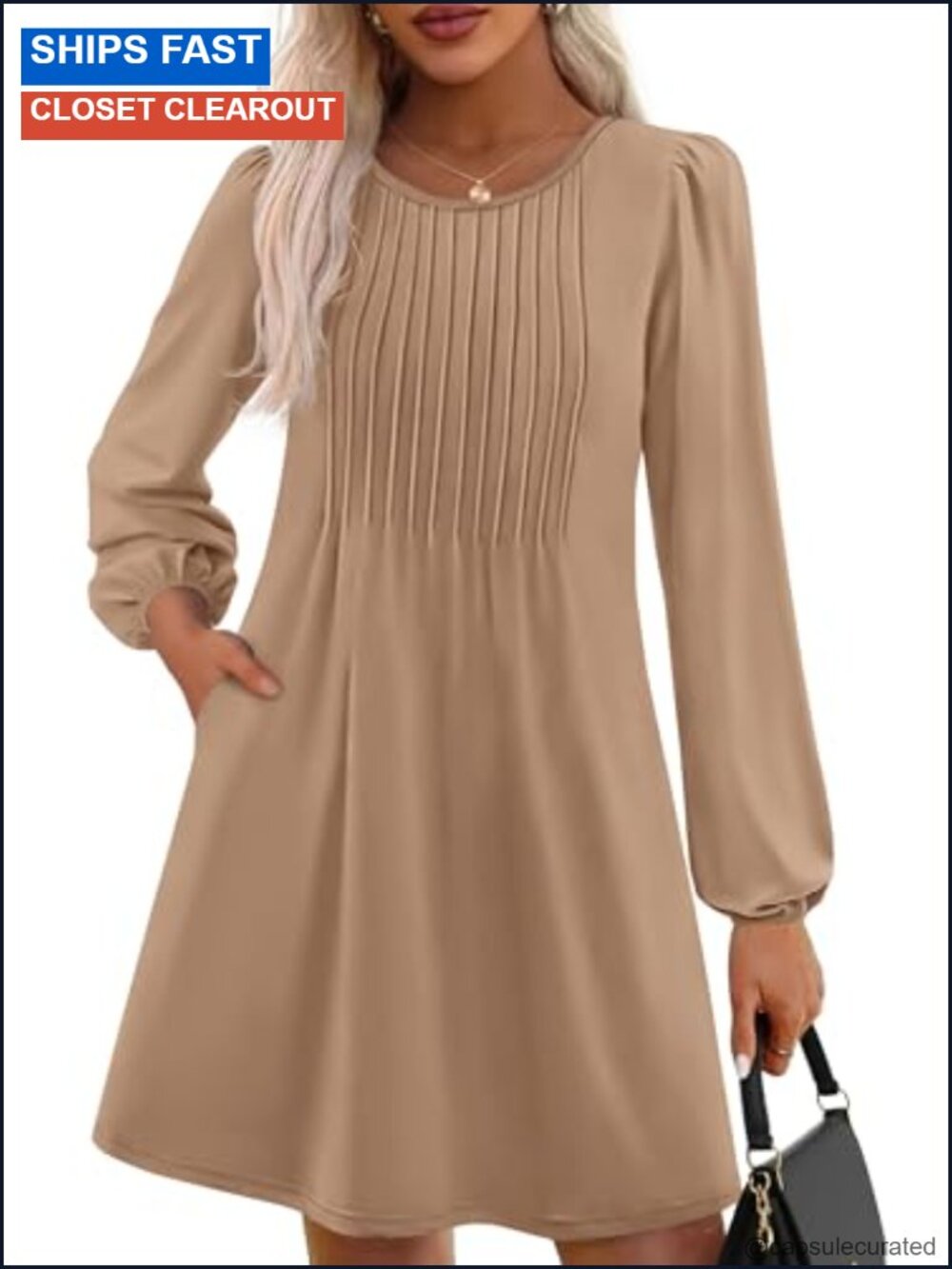 PRETTYGARDEN Women's Long Sleeve Mini A-Line Dress Pleated Tunic Casual
